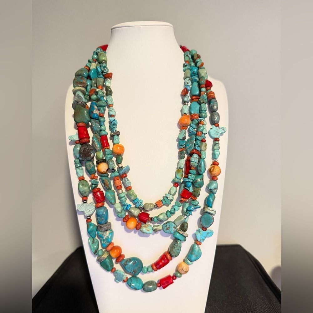 AMAZING ~20" 5 strands of Coral, Silver, TURQUOISE beads w/ VTG 925 TAXCO clasp! - Picture 12 of 13